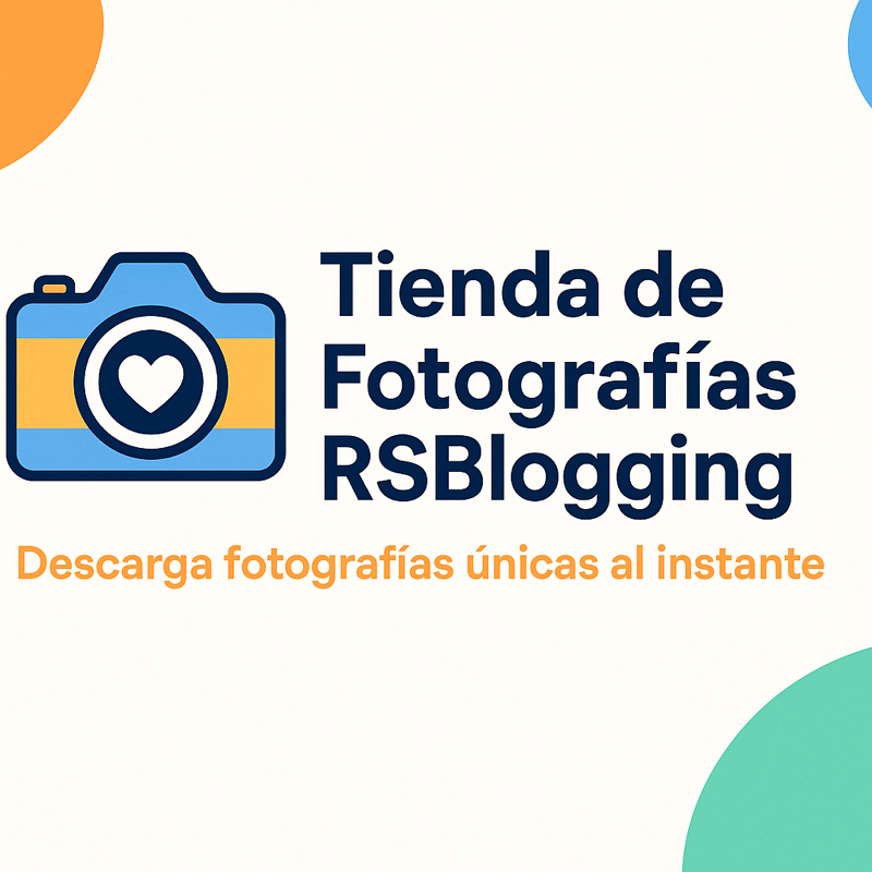 Diseño digital colorido que representa la tienda de fotografía RSBlogging, con íconos de cámara y descarga.