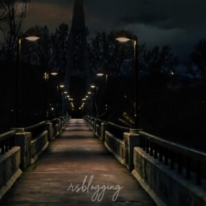Pasarela del Ebro en Logroño con farolas encendidas al caer la noche