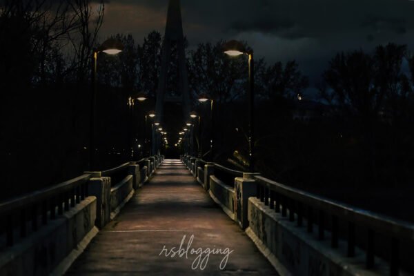 Pasarela del Ebro en Logroño con farolas encendidas al caer la noche